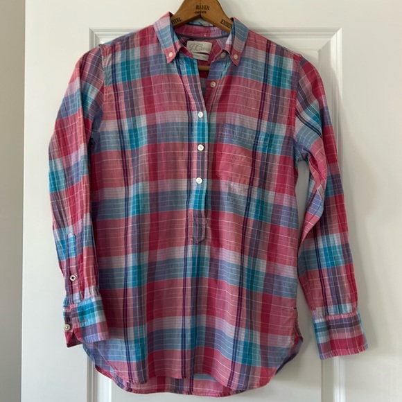 J Crew Classic Plaid Popover Blouse Pink Purple Turquoise - Picture 3 of 12